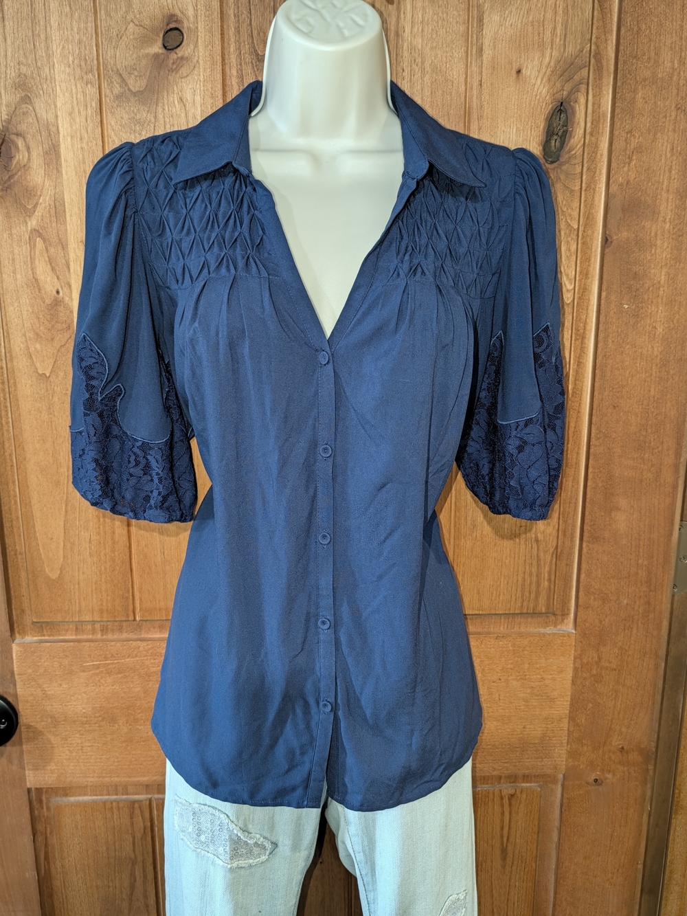 Daniel Rainn Navy Smocked Yoke Button-Front Blouse